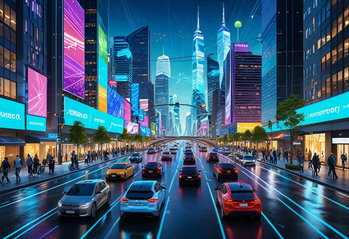 A futuristic cityscape bustling with various modern ride-sharing vehicles like electric scooters, autonomous cars, and drone taxis. People are seen seamlessly using a high-tech app to book rides, while digital holographic maps and interfaces display transport routes. Excitement and efficiency radiate through vibrant streets lined with sleek, eco-friendly buildings. super-realistic. vibrant colors.