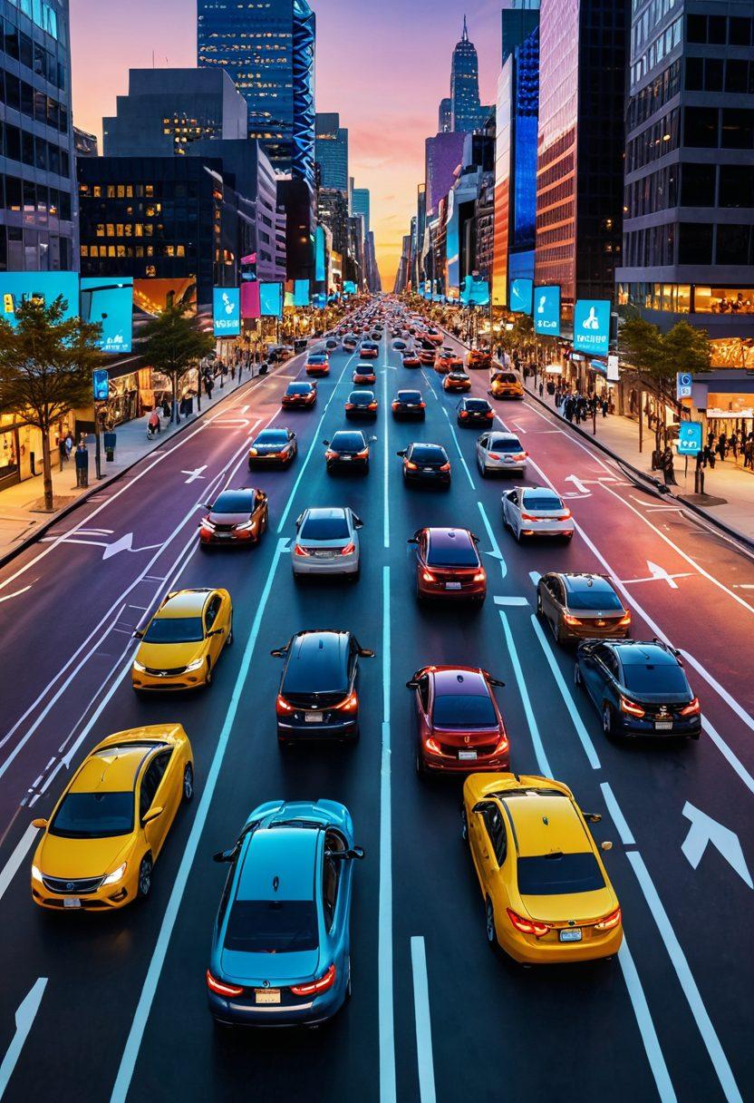 A bustling cityscape at dusk with various ride-hailing app icons floating above cars, people seamlessly hopping into vibrant, app-branded vehicles, and a sense of interconnectedness and efficiency. Include elements of modern technology, like smartphones and GPS maps, to emphasize the integration of digital and real-world commuting. super-realistic. vibrant colors. dynamic composition.