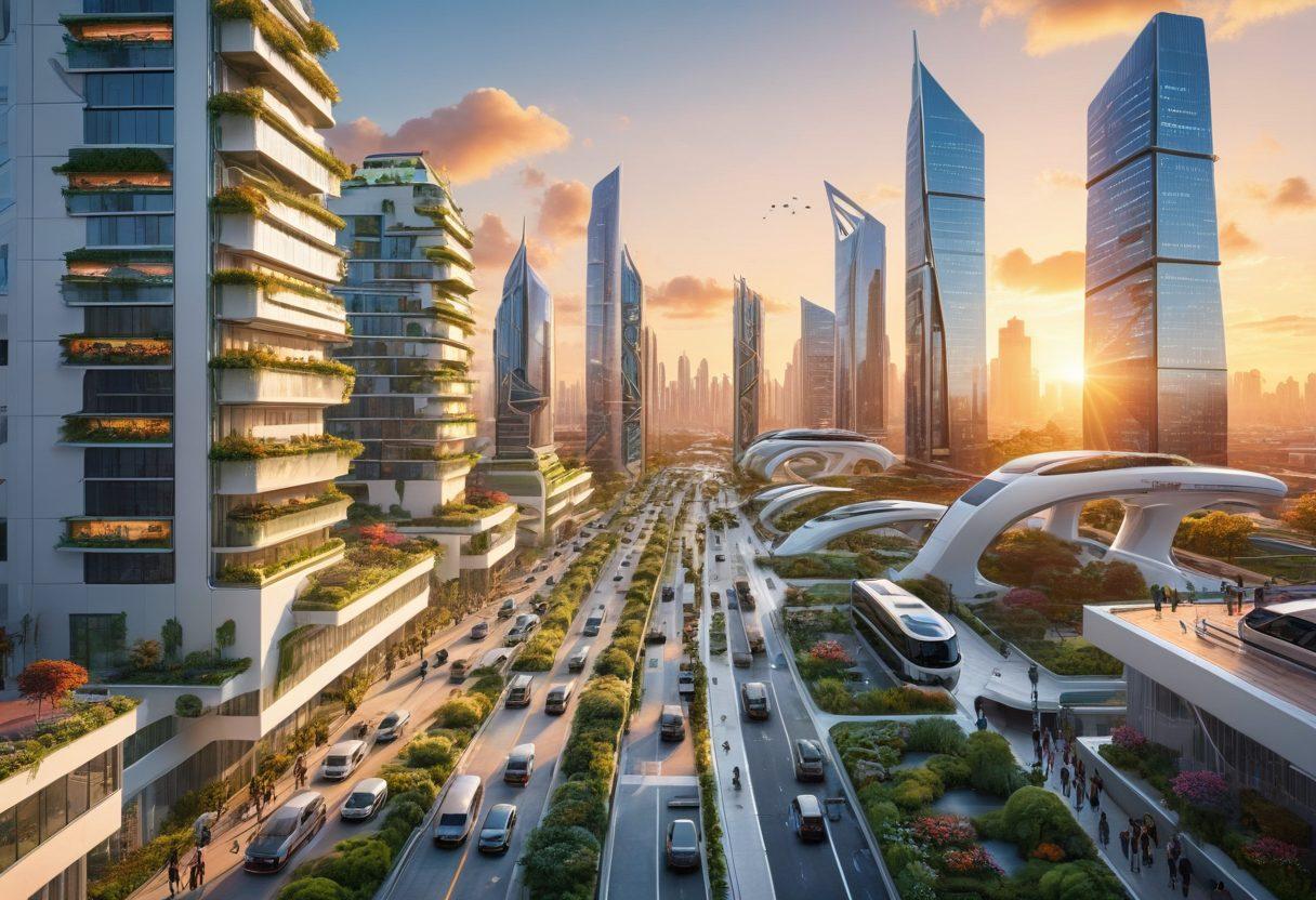A futuristic cityscape at sunset, with sleek, autonomous ridesharing vehicles gliding through bustling streets filled with eco-friendly infrastructure and smart traffic solutions. People using smartphones to book rides and shared bicycles add dynamism to the scene. Modern high-rise buildings and green rooftop gardens reflect cutting-edge technology and sustainability. super-realistic. vibrant colors. white background.